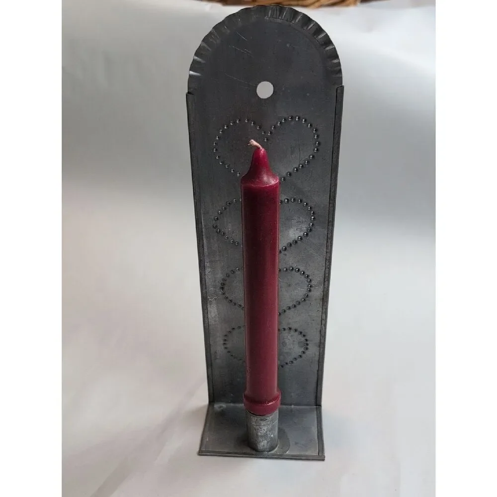 Vintage Handcrafted Gray Metal Punched Tin Hearts Wall Candle Sconce